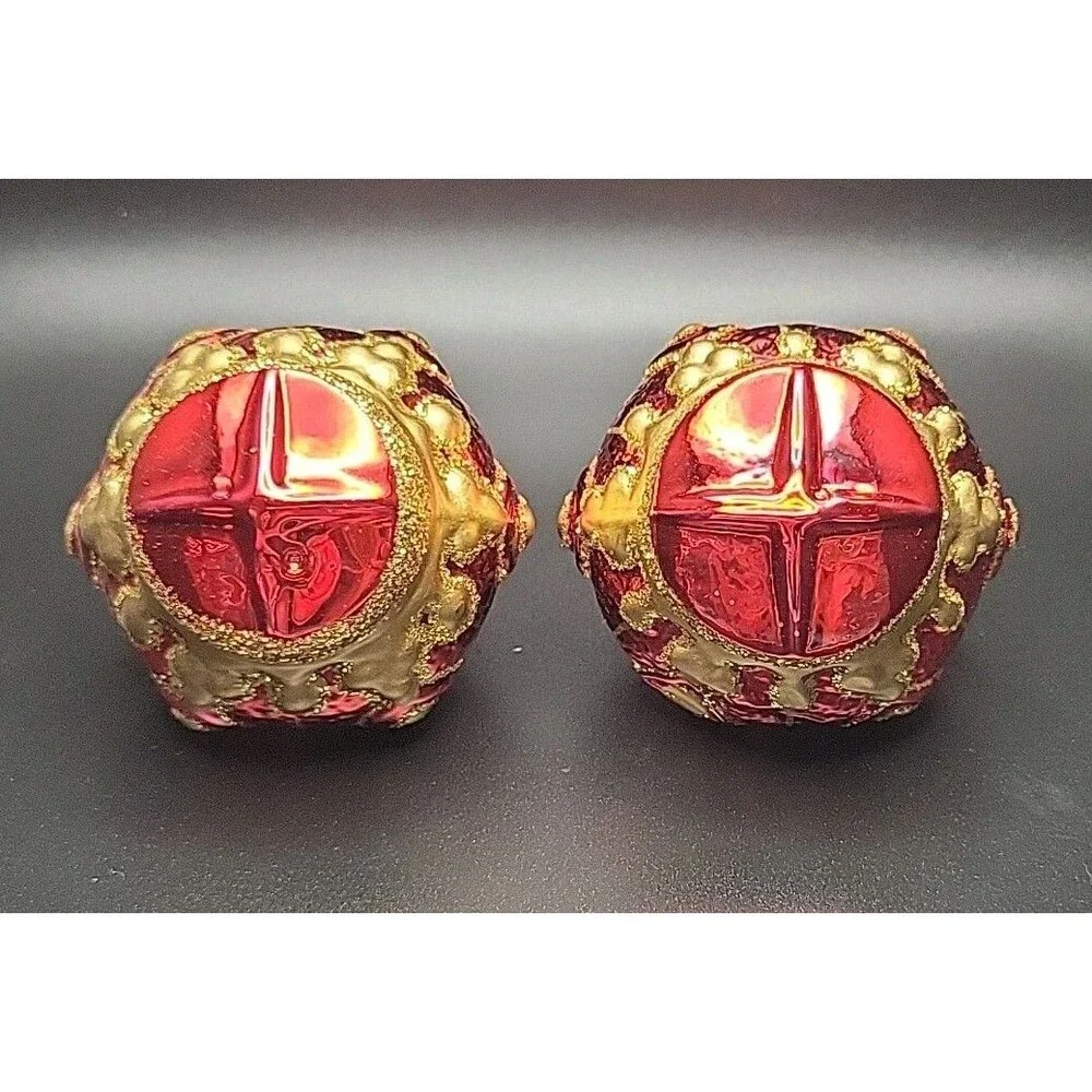 Vtg Czech Republic Blown Glass Crown Christmas Ornaments Red Gold Set of 2 EUC